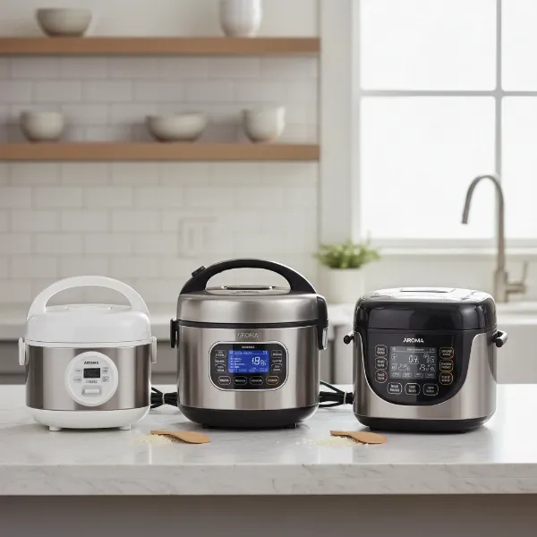 Various Aroma digital rice cookers side-by-side, showcasing different capacities and digital control panels