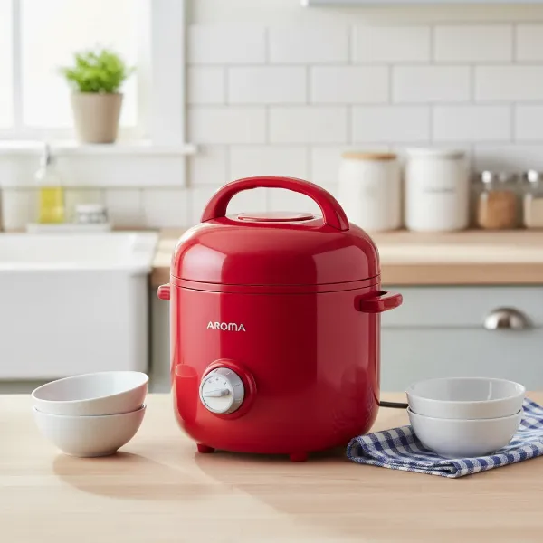 A red Aroma Retro Pot-Style rice cooker on a kitchen counter with ceramic dishes