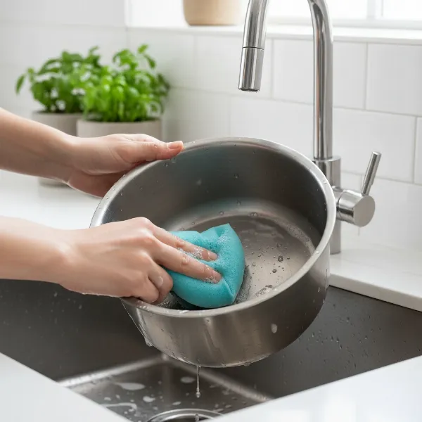 A person gently cleaning the inner pot of an Aroma digital rice cooker with a soft sponge