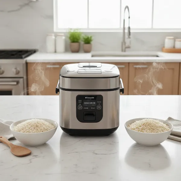 A sleek, modern induction heating rice cooker with Basmati and Jasmine rice cooking in the background, showcasing fluffy grains.