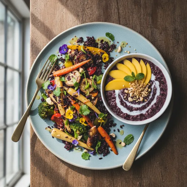 Delicious black rice served in a vibrant, healthy savory and sweet dish arrangement.