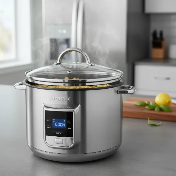 Breville The Risotto Plus multi-cooker in a modern kitchen setting, actively cooking, showcasing its use.