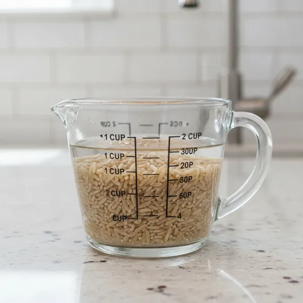Dry brown rice and water in a clear measuring cup illustrating the 1:2 ratio for perfect stovetop cooking.