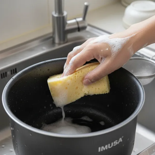 A hand gently scrubbing the non-stick inner pot of an Imusa rice cooker with a soft sponge and dish soap