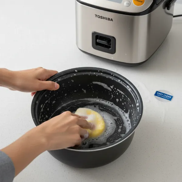 A clean Toshiba rice cooker with its inner pot removed for cleaning.