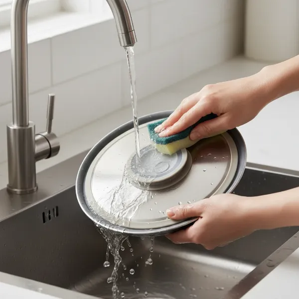 A person cleaning a rice cooker with a detachable inner lid.