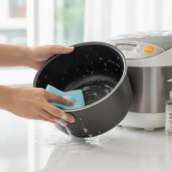 Person gently cleaning the non-stick inner pot of a rice cooker with a soft sponge, extending its lifespan.