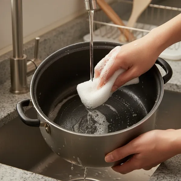 Hand-washing a non-stick inner pot of a multi-functional rice cooker carefully.