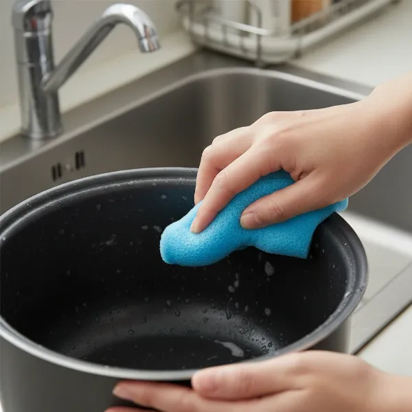 Person cleaning the inner pot of a rice cooker, demonstrating easy maintenance
