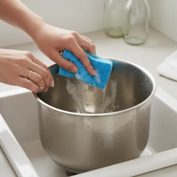 Hand cleaning a stainless steel inner pot of a rice cooker with a soft sponge after cooking.