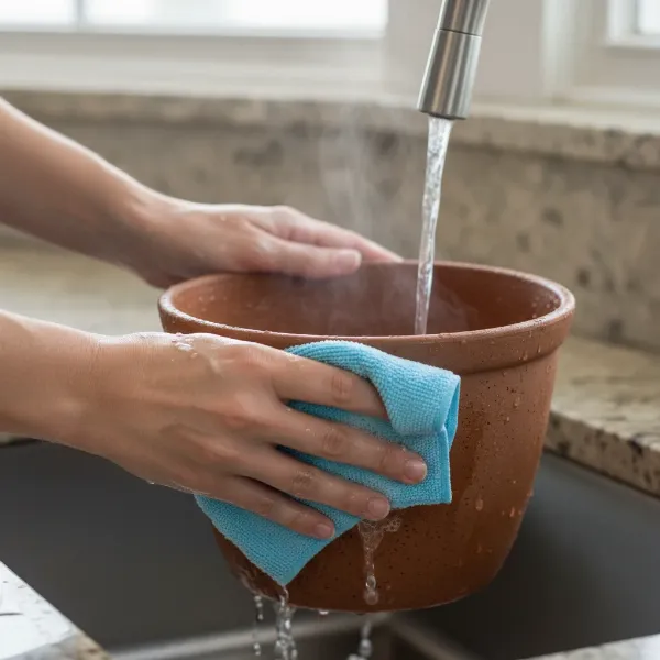 A person gently cleaning an unglazed VitaClay inner pot with a soft sponge and warm water in a kitchen sink.
