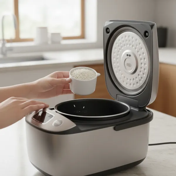 A person accurately measuring rice with a 180ml rice cup for a modern rice cooker.