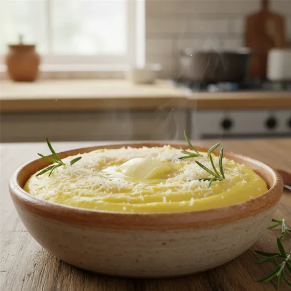 Bowl of hot, creamy polenta topped with melted butter, grated Parmesan cheese, and fresh herbs.