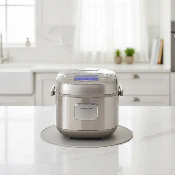 A sleek Cuchen Premium IH Pressure Rice Cooker on a kitchen counter, ready to cook rice