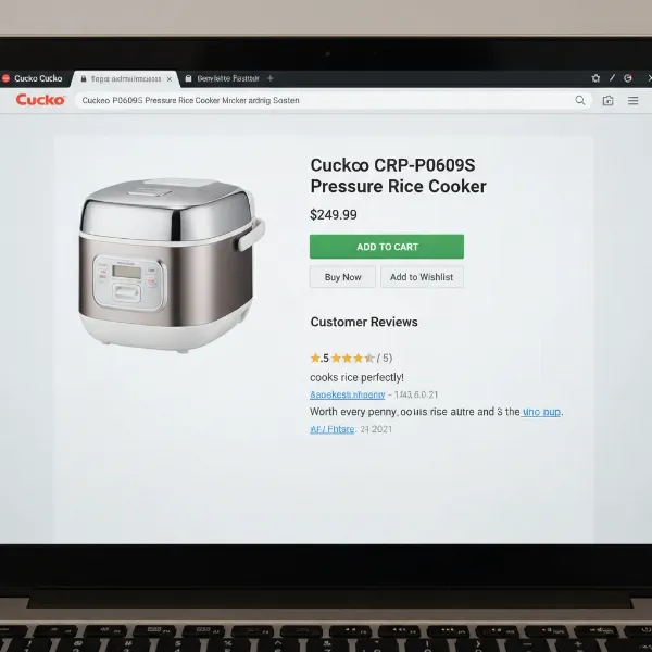 Laptop screen showing online store with Cuckoo CRP-P0609S for sale