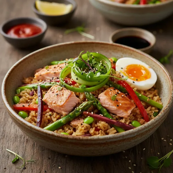 A beautifully styled bowl of customized fried rice, perhaps with an unusual protein or vegetable combination, showing creative possibilities.