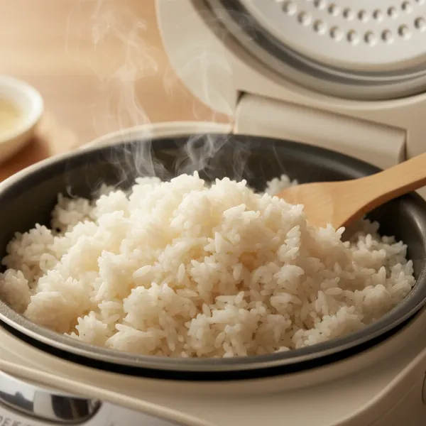 Close-up of a dedicated rice cooker preparing fluffy white rice, with steam gently rising.