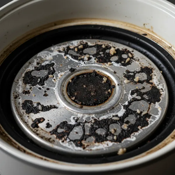 Close-up of a rice cooker heating plate covered in burnt-on food and starch residue.