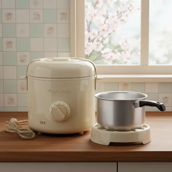 An antique Toshiba automatic electric rice cooker from the 1950s, featuring a simple, robust design.