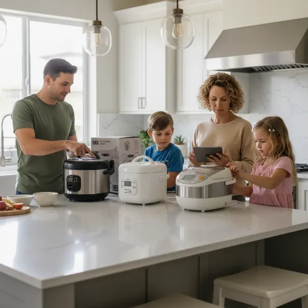 Family discussing which rice cooker to buy, considering features and size