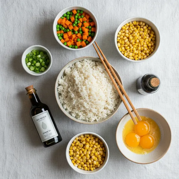 A vibrant flat lay of common fried rice ingredients including leftover rice, whisked eggs, chopped vegetables, and sauces, ready for cooking.
