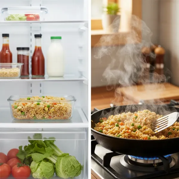 An airtight container of leftover fried rice in a refrigerator, and a skillet reheating fried rice, illustrating proper storage and reheating methods.