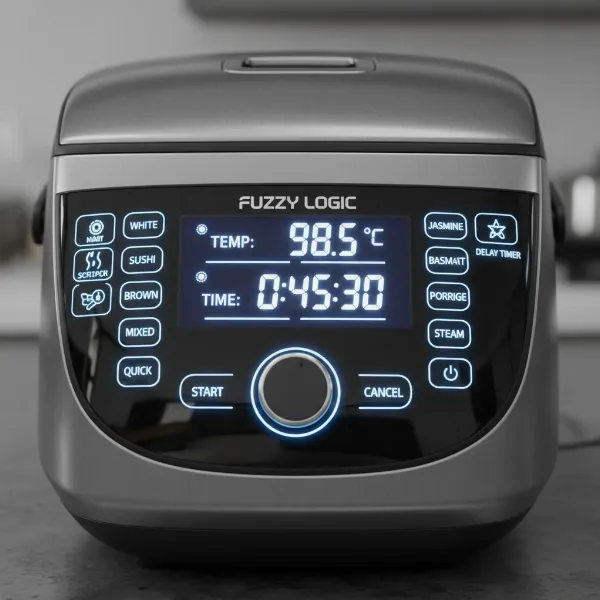 Close-up of a commercial rice cooker's digital control panel with fuzzy logic technology enabled.