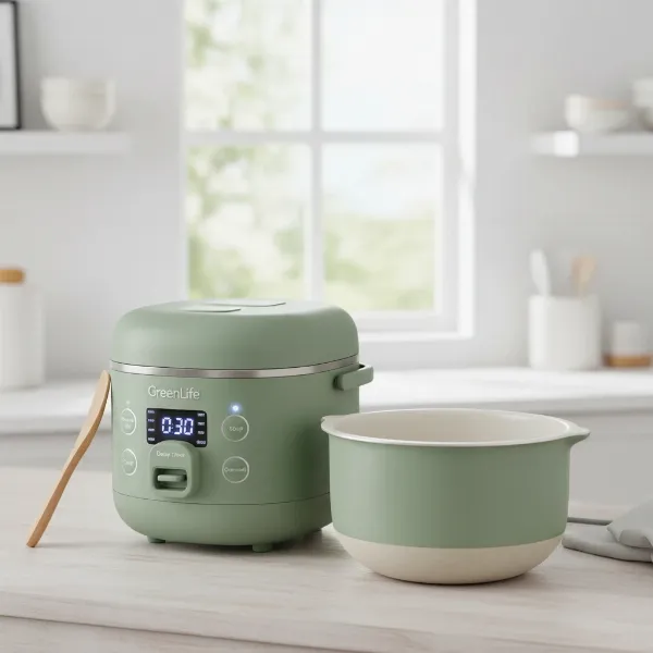 GreenLife healthy ceramic nonstick rice cooker displaying its key features and compact design