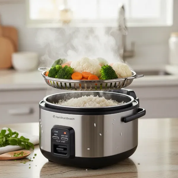 Hamilton Beach multi-function rice cooker steaming vegetables and cooking rice simultaneously.