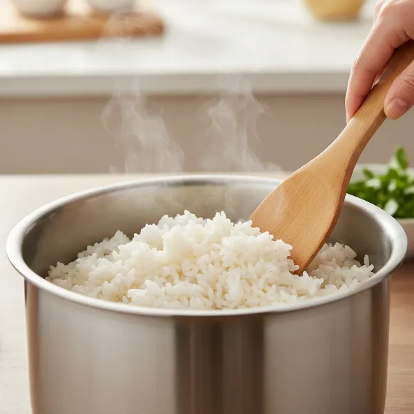 A person stirring healthy rice in a stainless steel rice cooker inner pot, emphasizing durable cooking.