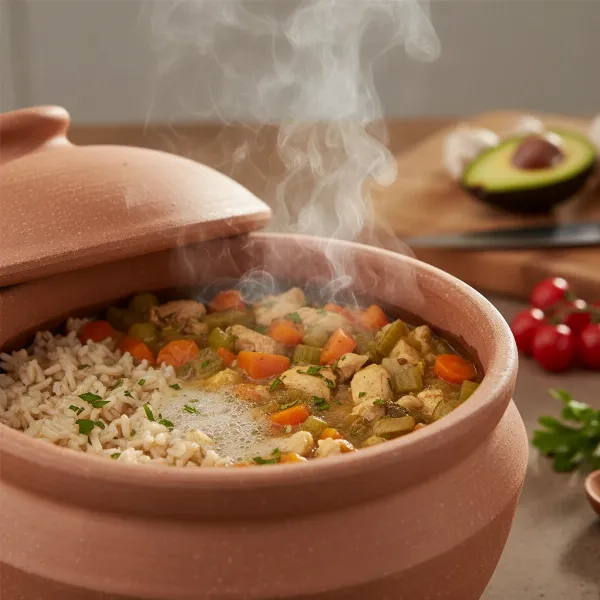 Steam rising from a VitaClay multi-cooker, symbolizing healthy food cooked with preserved nutrients and flavor.