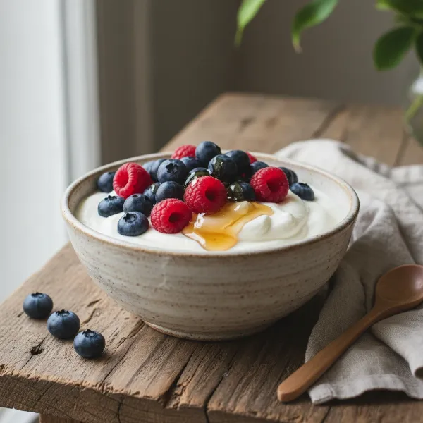 A bowl of freshly made homemade yogurt from a rice cooker, garnished with berries and honey