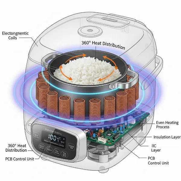 Diagram illustrating how an induction heating rice cooker works with 360-degree heat distribution
