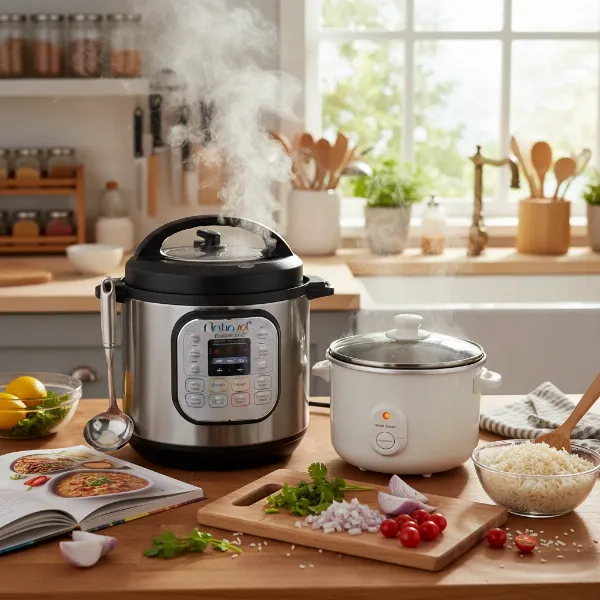 An Instant Pot and a rice cooker operating simultaneously on a kitchen counter, highlighting convenience.