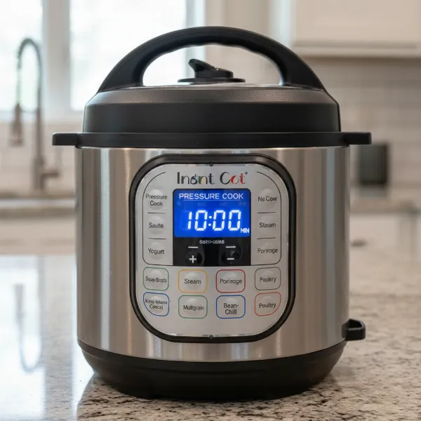 An Instant Pot showcasing various cooking functions like pressure cook, sauté, steam, slow cook on its digital display.