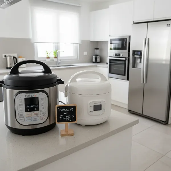 An Instant Pot and a rice cooker displayed side-by-side on a modern kitchen countertop.