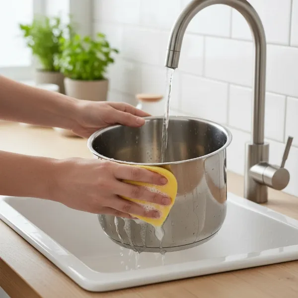 Hands cleaning a stainless steel rice cooker inner pot with a soft sponge in a kitchen sink.