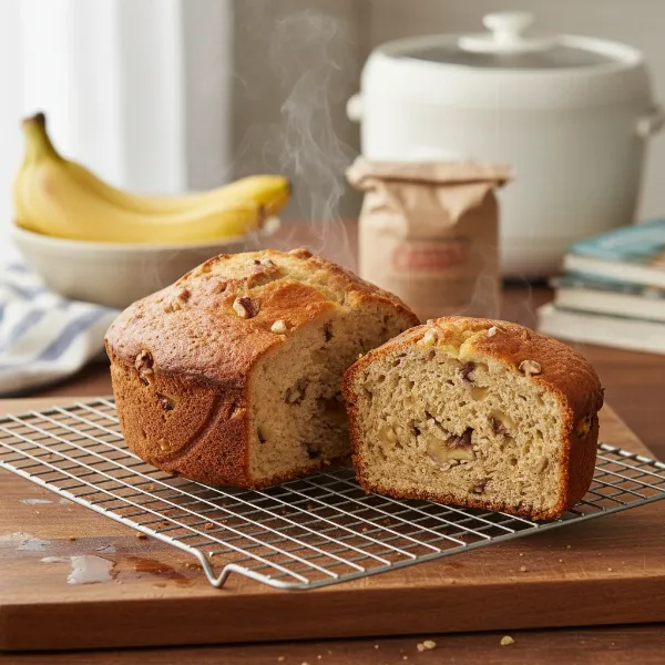 A perfectly sliced, moist banana bread made in a rice cooker, ready to be served.