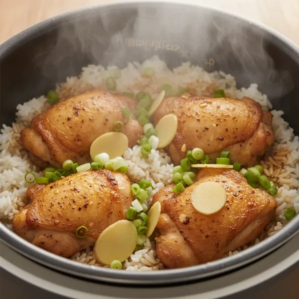 A rice cooker or heavy-bottomed pot filled with chicken, rice, and aromatics, actively cooking.