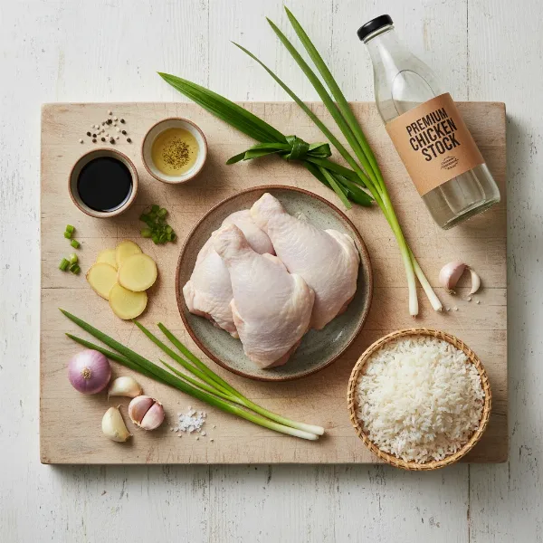 A vibrant display of fresh ingredients for One-Pot Hainanese Chicken Rice laid out on a wooden cutting board.
