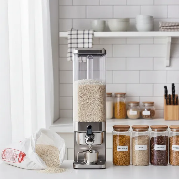 A compact rice dispenser sits neatly in a modern pantry, reducing clutter and efficiently storing bulk rice.