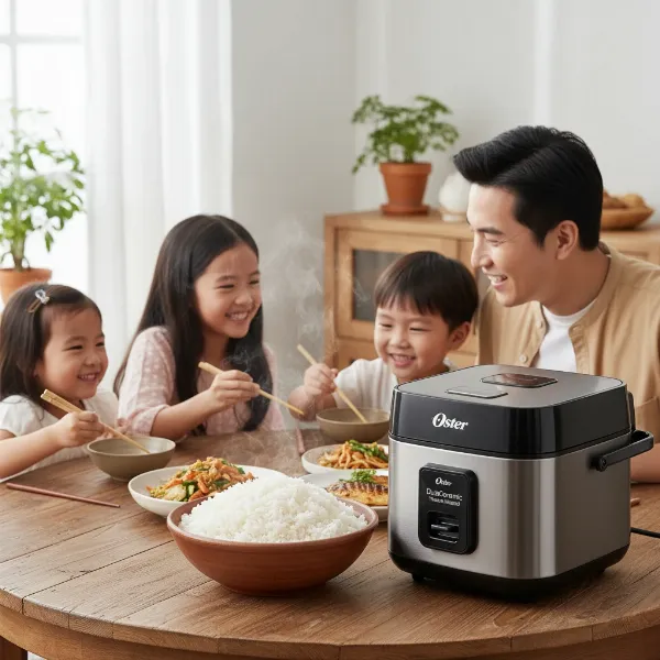 A small family enjoying a meal with perfectly cooked rice from the Oster cooker