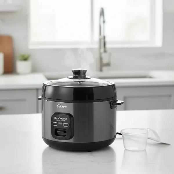 Oster DuraCeramic Titanium Infused 6-Cup Rice and Grain Cooker with Steamer in a modern kitchen setting