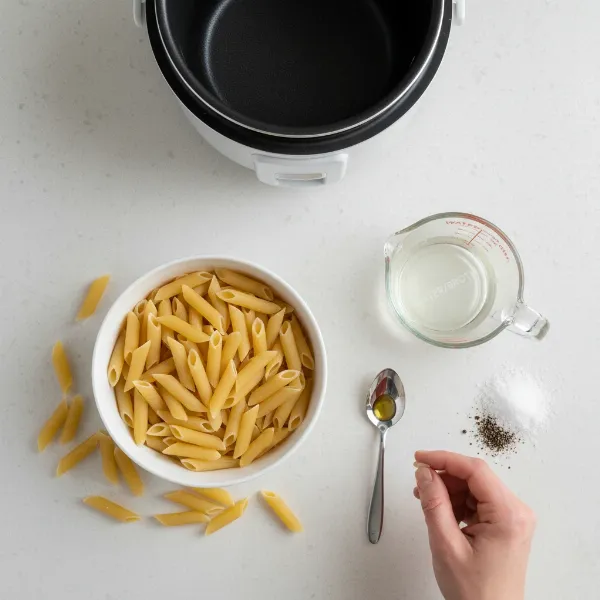Essential ingredients for rice cooker pasta, including dry pasta, liquid, oil, and salt.