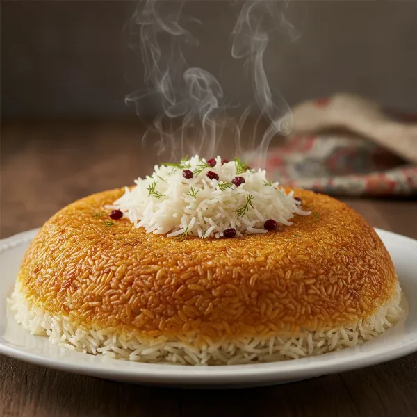 Perfectly golden, crispy tahdig rice inverted onto a serving platter, highlighting its texture.