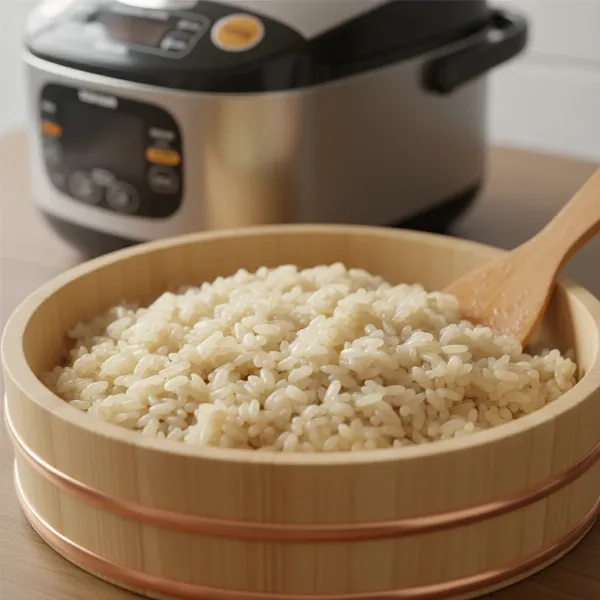 a close-up of perfectly cooked, glossy sushi rice in a wooden bowl, ready for sushi making