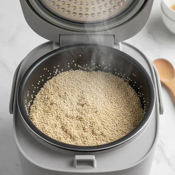 Close-up of perfectly cooked, fluffy quinoa in a rice cooker, ready to be served.