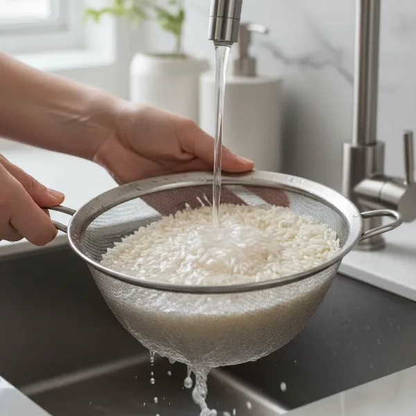 Hands rinsing white rice in fine-mesh sieve under cold running water, kitchen sink.