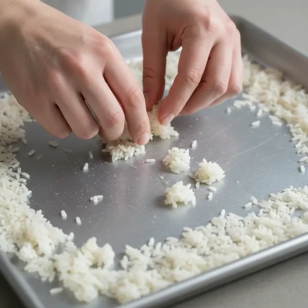 Hands gently breaking apart cold, dry leftover rice on a baking sheet, preparing it for frying in a pan.