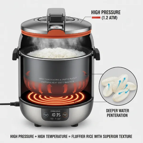 Cutaway view of a pressure induction heating rice cooker cooking rice under pressure